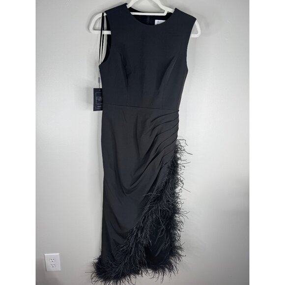 Mac Duggal Black Sleeveless Faux Wrap Dress Feather Trim Size 6 11626 NWT - Picture 3 of 5